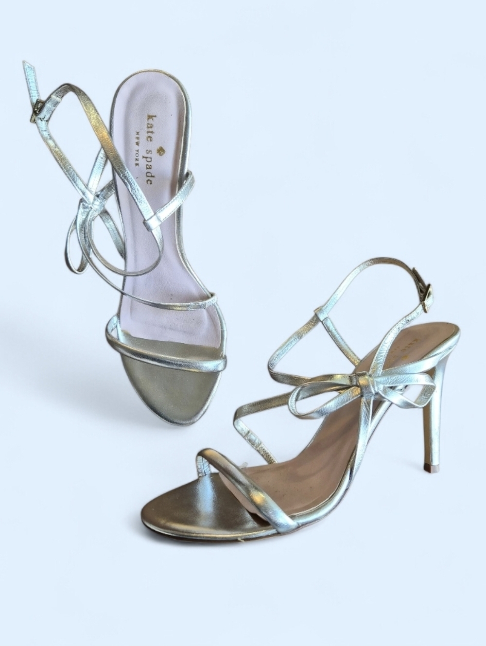 kate spade Silver Metallic Strappy Heel Sandals With Side Bow- Size 8
